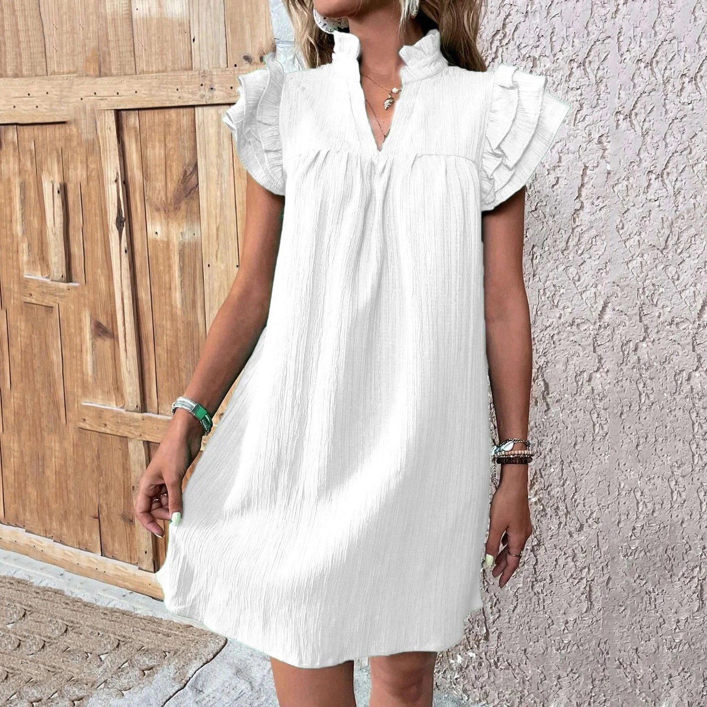 Cardydony Ruffled Notched Cap Sleeve Linen Dress