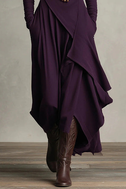 Cardydony Women's Solid Color High-neck Long-sleeved Irregular Casual Maxi Dress