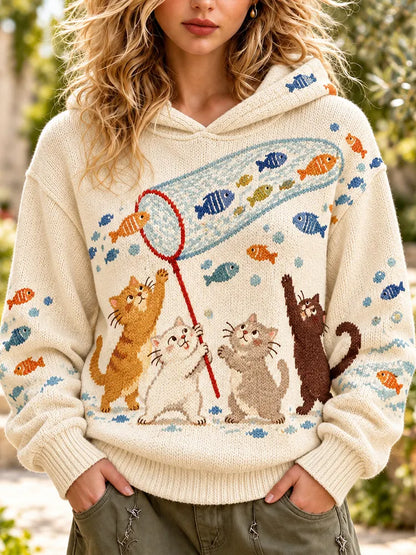 Cardydony Women's Cute Cats Catching Fish Print Hooded Knit Sweater
