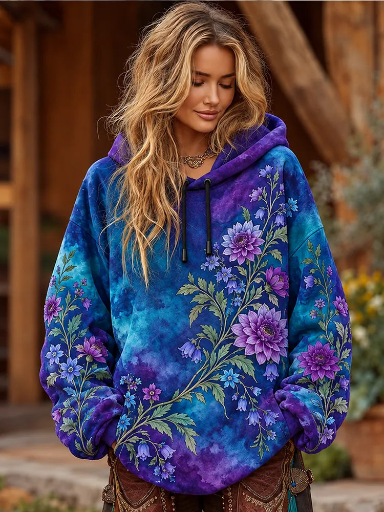Cardydony Women's Blue And Purple Tie-dye Floral Graphic Hoodie