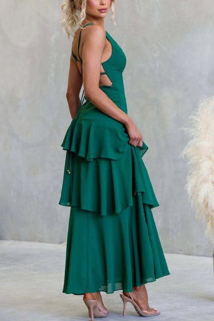Cardydony Women's Solid Color V-neck Sleeveless Elegant Layered Maxi Dress