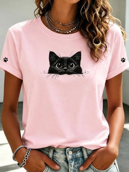 Cardydony Women's Vintage Black Cat Art Casual Short Sleeve T-shirt