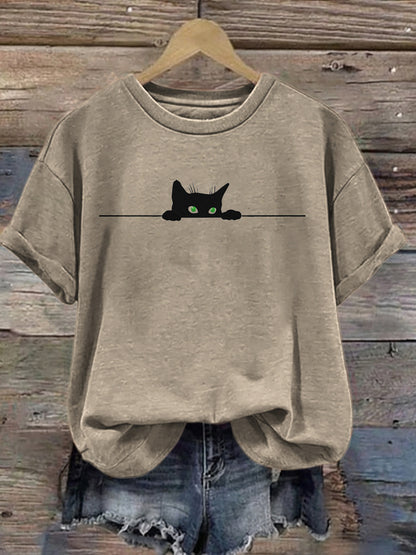 Cardydony Women's Cute Black Cat Print Casual T-shirt