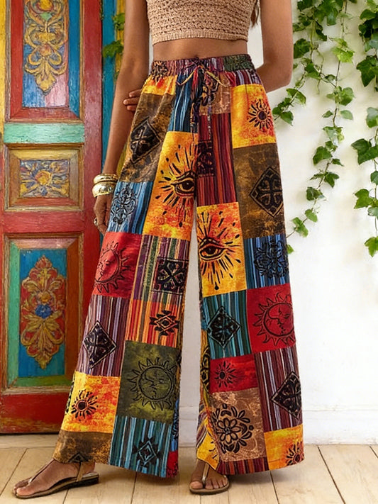Cardydony Hippie Bohemian Striped Blockprint Patchwork Pattern Trousers