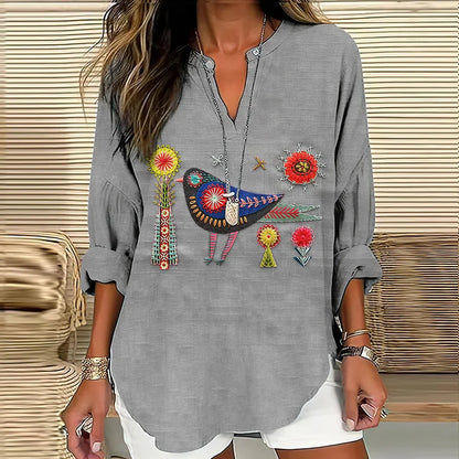 Cardydony Women's Floral And Bird Embroidery Art Pattern Cotton And Linen V-neck Shirt