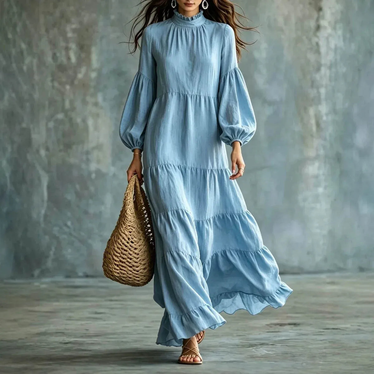 Cardydony Women's Bohemian Ruffle Neck Relaxed Fit Tiered Maxi Dress