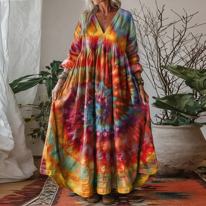 Cardyodny Women's Retro Hippie Rainbow Tie-dye Art Patterns V-neck Maxi Dress