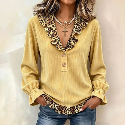 Cardydony Women's Fall Winter Cozy Elegant Leopard Corduroy Top