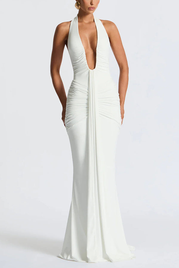 Cardydony Women's Solid Color Elegant Halterneck V-neck Open Back Tie Gathered Maxi Dress