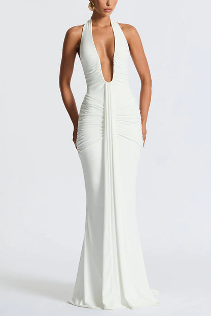 Cardydony Women's Solid Color Elegant Halterneck V-neck Open Back Tie Gathered Maxi Dress