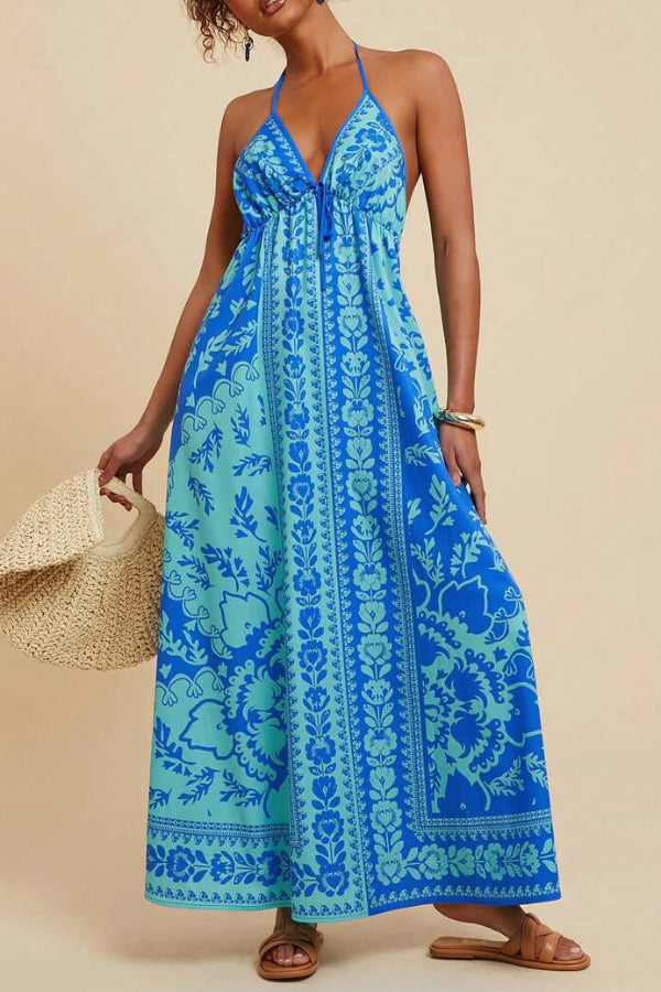 Cardydony Women's Unique Printed V-neck Backless Casual Vacation Maxi Dress