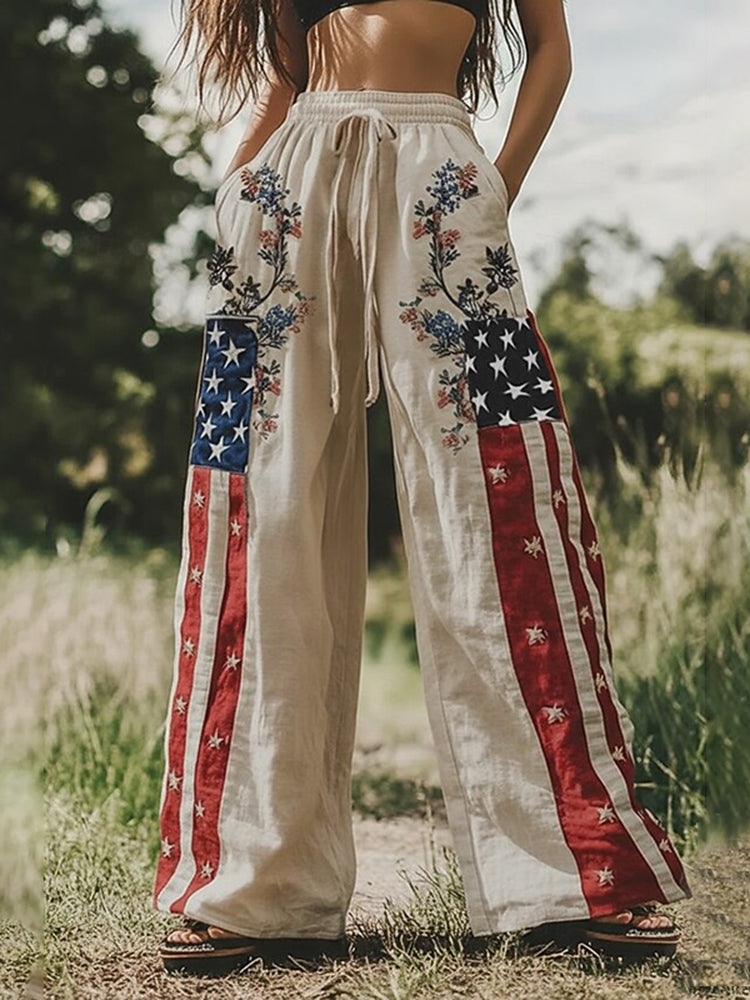 Cardydony Men's Boho Us Flag Patriotic America's 250th Anniversary With Flowers Loose Casual Pants