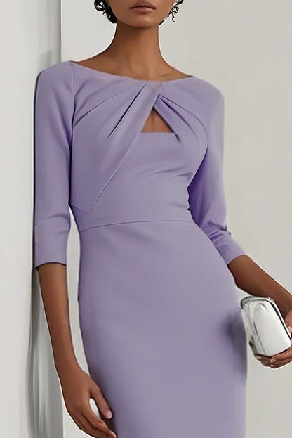 Cardydony Women's Solid Color Round Neck Hollowed-out Slim-fit Elegant Midi Dress