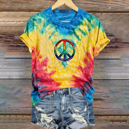 Cardydony Women's Hippie Rainbow Peace Tie-dye Pattern Casual T-shirt