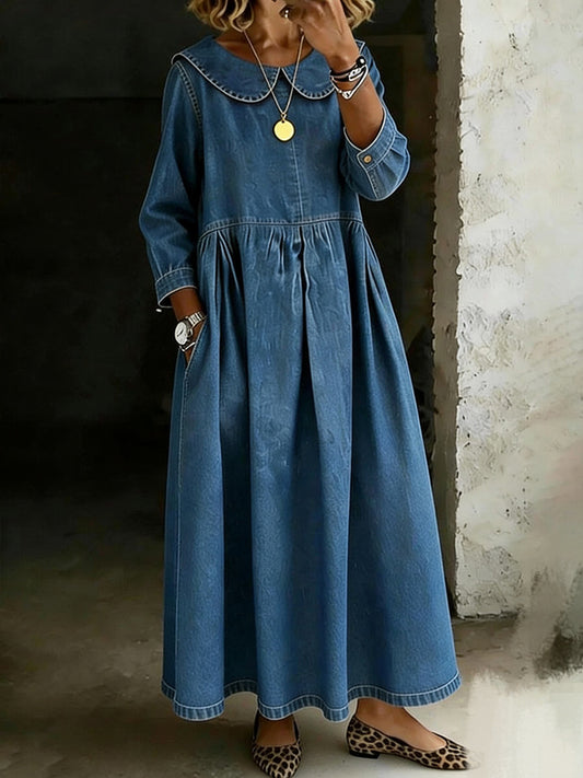 Cardydony Women's Retro Peter Pan Collar Washed Denim Midi Dress