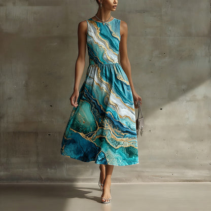 Cardydony Classy Abstract Marble & Fluid Viens Art Linen Tank Dress
