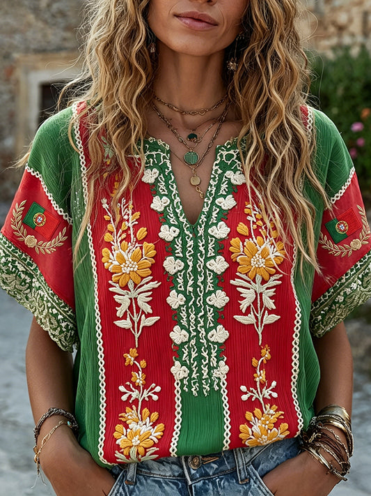 Cardydony Women's Vintage Floral Embroidered Art Patchwork V Neck Short Sleeve Blouses