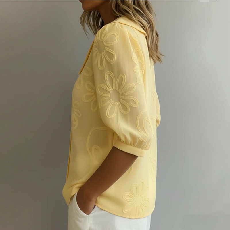 Cardydony Loose Vintage Button Embroidered Floral Mid-sleeve Shirt