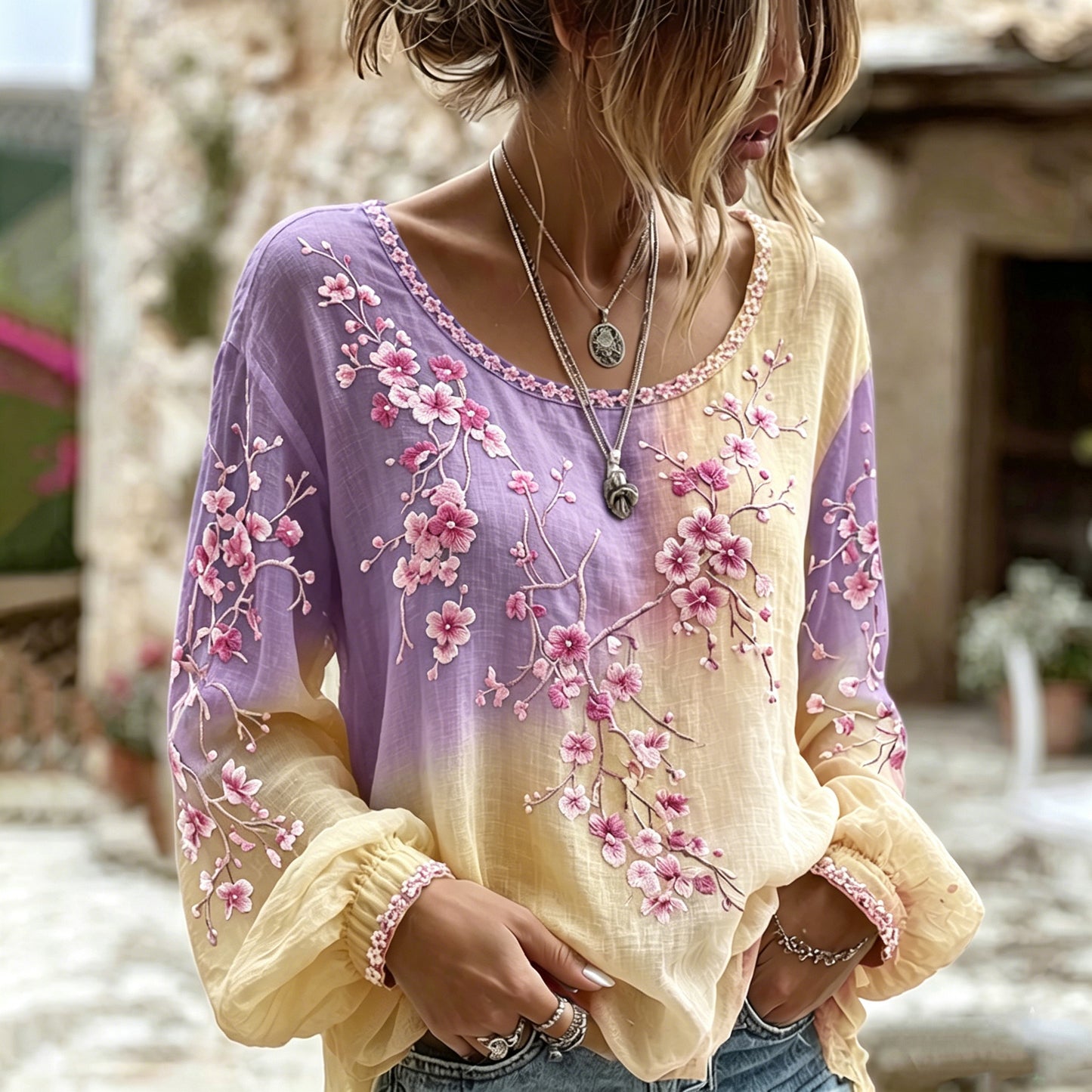 Cardydony Women's Retro Sakura Gradient Art Round Neck Long Sleeve T-shirt