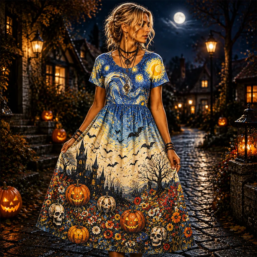 Cardydony Women's Halloween Starry Night Theme Maxi Dress - Spooky Castle, Bats And Pumpkins Print Flowy Dress