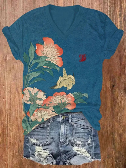 Cardydony Women's Vintage Floral Print V-neck T-shirt