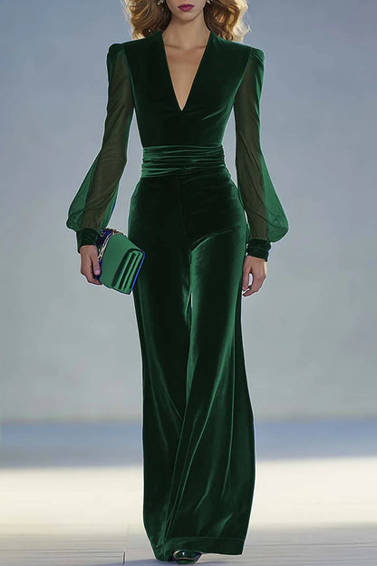Cardydony Women's Solid Color Velvet V-neck Long-sleeved Elegant Fitted Jumpsuit