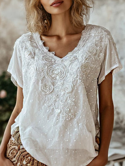 Cardydony Women's Bohemian-style Floral Embroidered Polka Dot V-neck Top