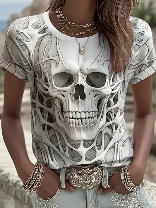 Cardydony Women's Halloween Skull Print Crew Neck T-shirt