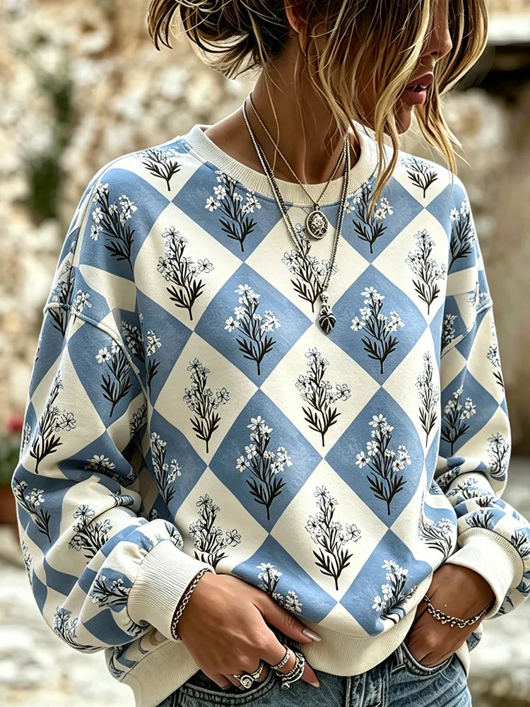 Cardydony Women's Casual Crewneck Sweatshirt - Blue And White Argyle Checkered Pattern With Delicate Floral Plant Print Top