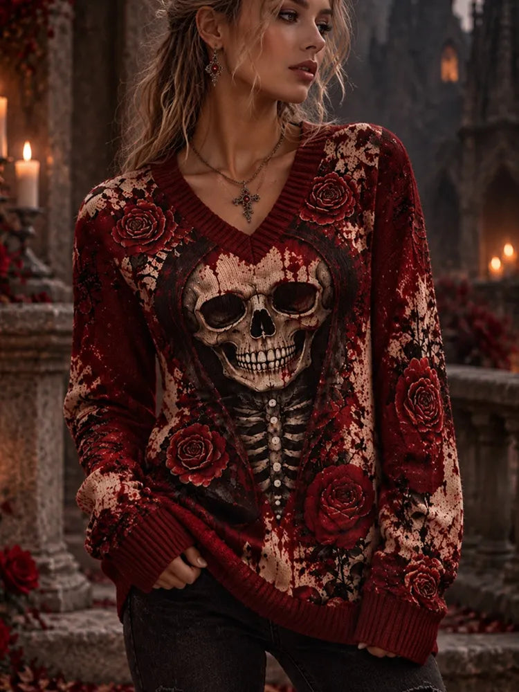 Cardydony Women's Halloween Skull Rose Bloodstain Print V-neck Sweater