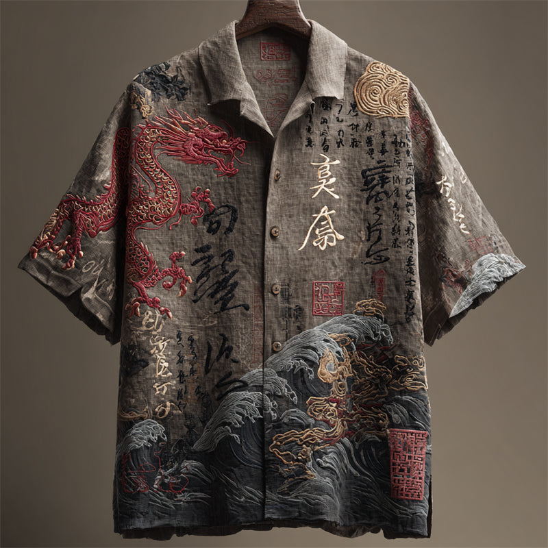 Cardydony Men's Japanese Dragon Sea Waves Calligraphy Linen Shirt