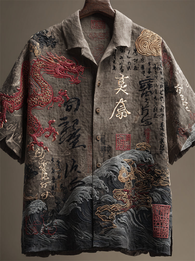 Cardydony Men's Japanese Dragon Sea Waves Calligraphy Linen Shirt