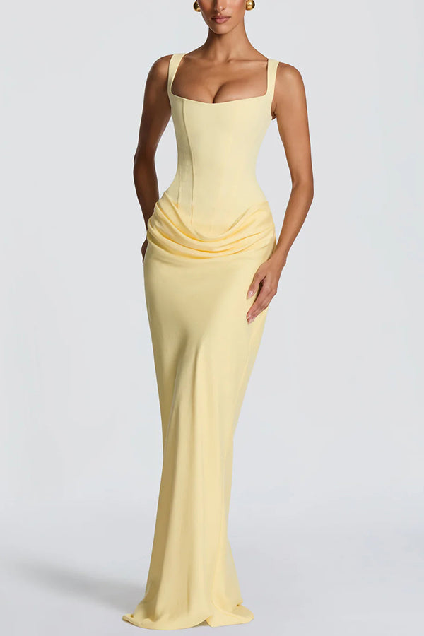 Cardydony Women's Larrah Square Neck Back Lace-up Satin Drape Hem Maxi Dress