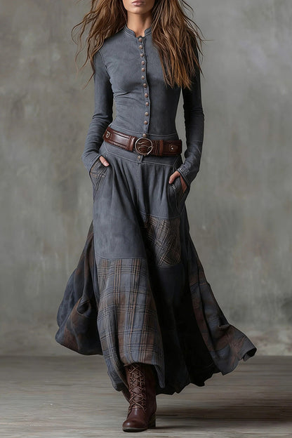 Cardydony Women's Retro-style Patchwork Single-breasted Long-sleeved Casual Pocket Maxi Dress
