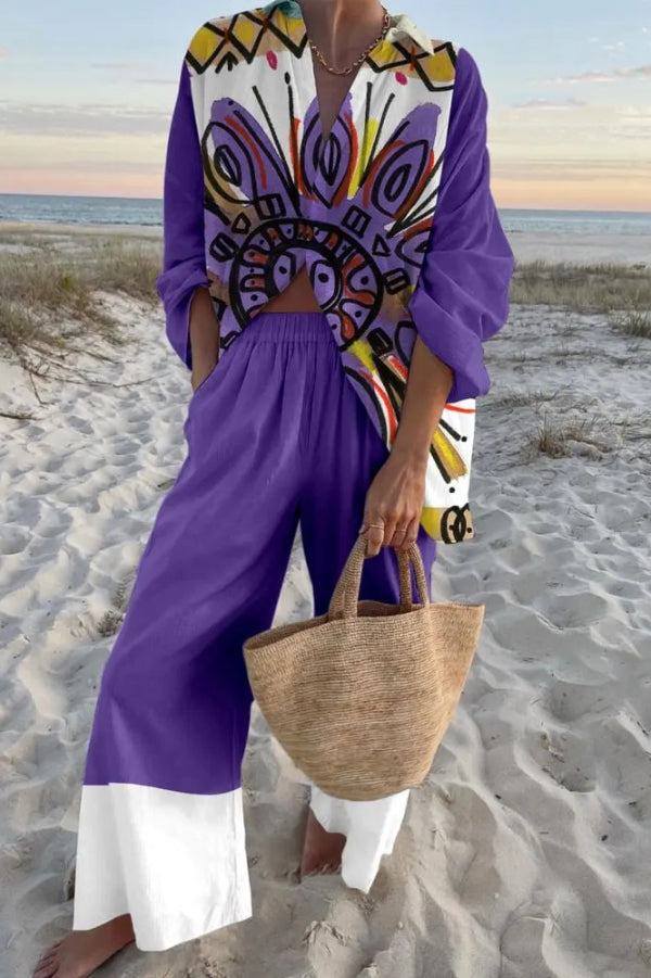 Cardydony Women's  Abstract Print Oversized Shirt and Elastic Waist Pocket Pants Set