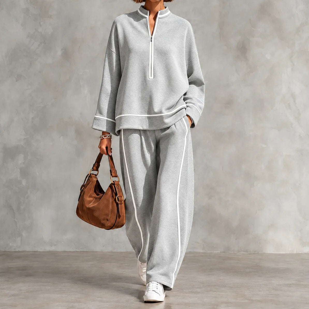 Cardydony Elegance Half-zip Pullover And Wide-leg Pants Set