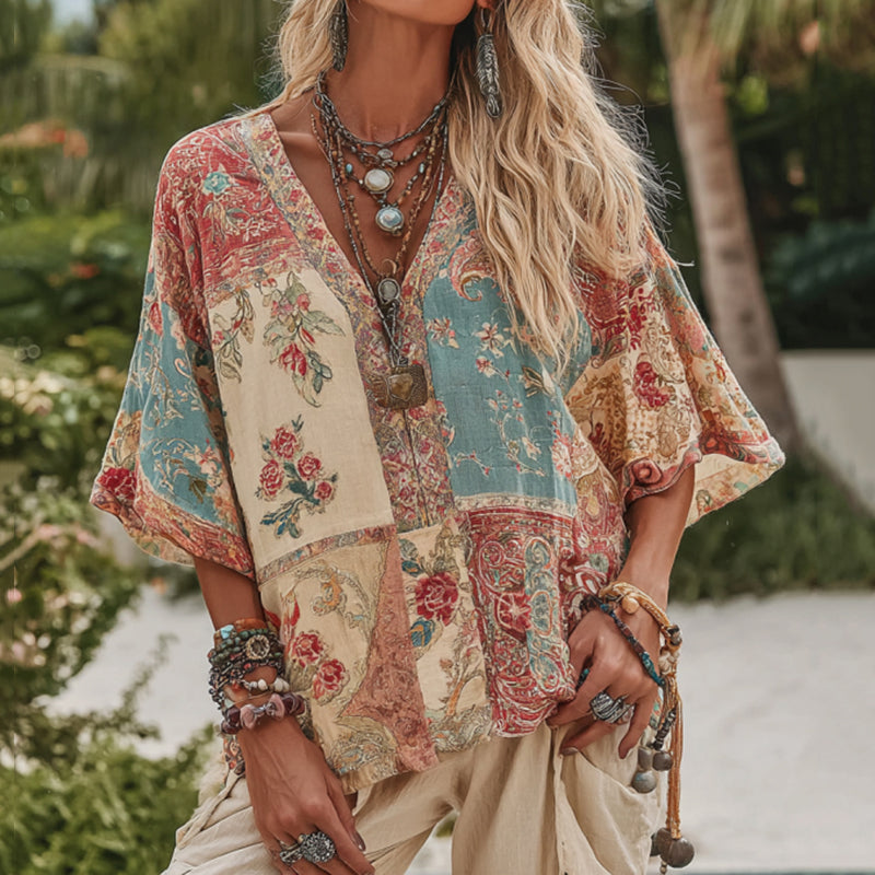Cardydony Women's V Neck Boho Floral Art Casual Shirt