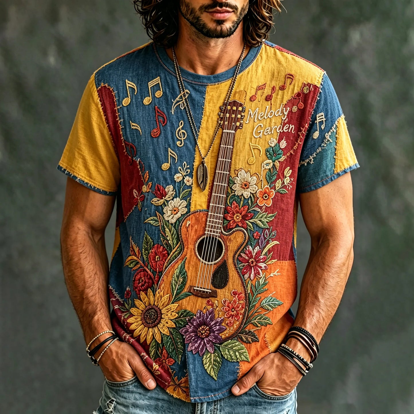 Cardydony Men's Guitar Floral Patchwork Hippie T-shirt