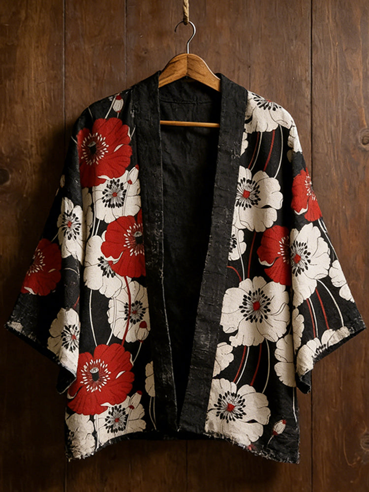 Cardydony Japanese Art Retro Floral Pattern Cotton And Linen Cardigan