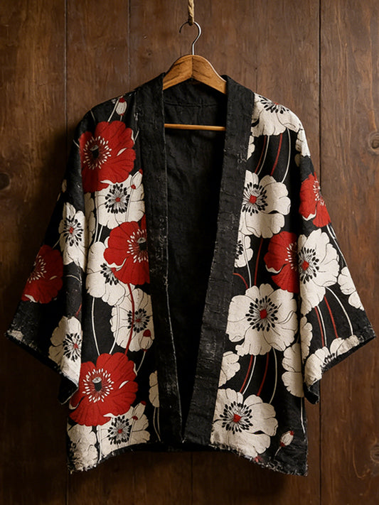 Cardydony Japanese Art Retro Floral Pattern Cotton And Linen Cardigan