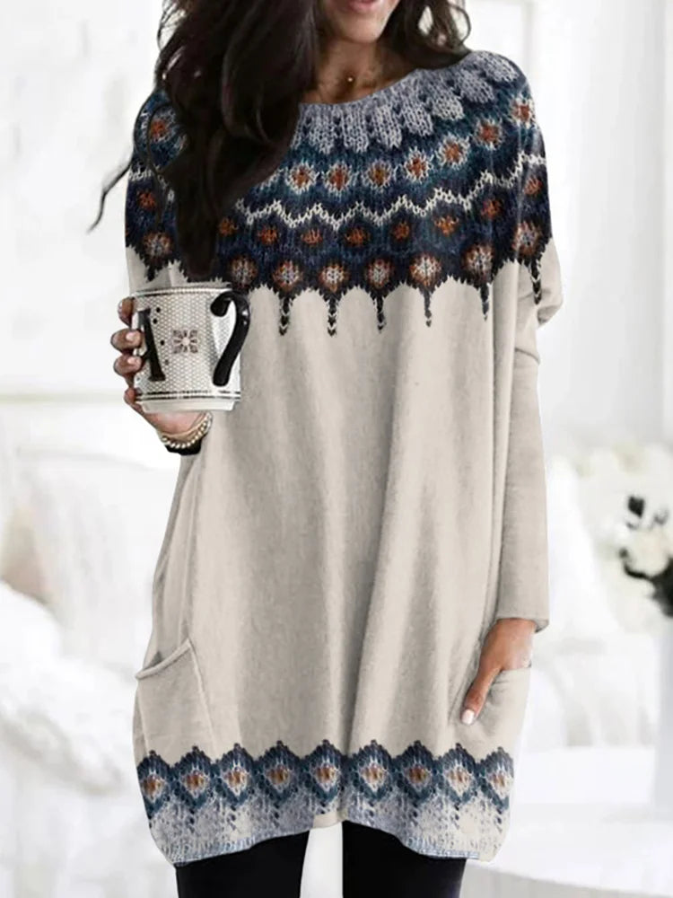 Cardydony Retro Icelandic Pattern Pocket Crew Neck Tunic