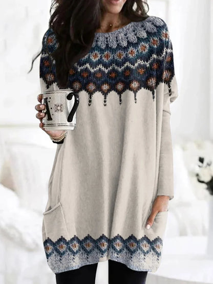 Cardydony Retro Icelandic Pattern Pocket Crew Neck Tunic