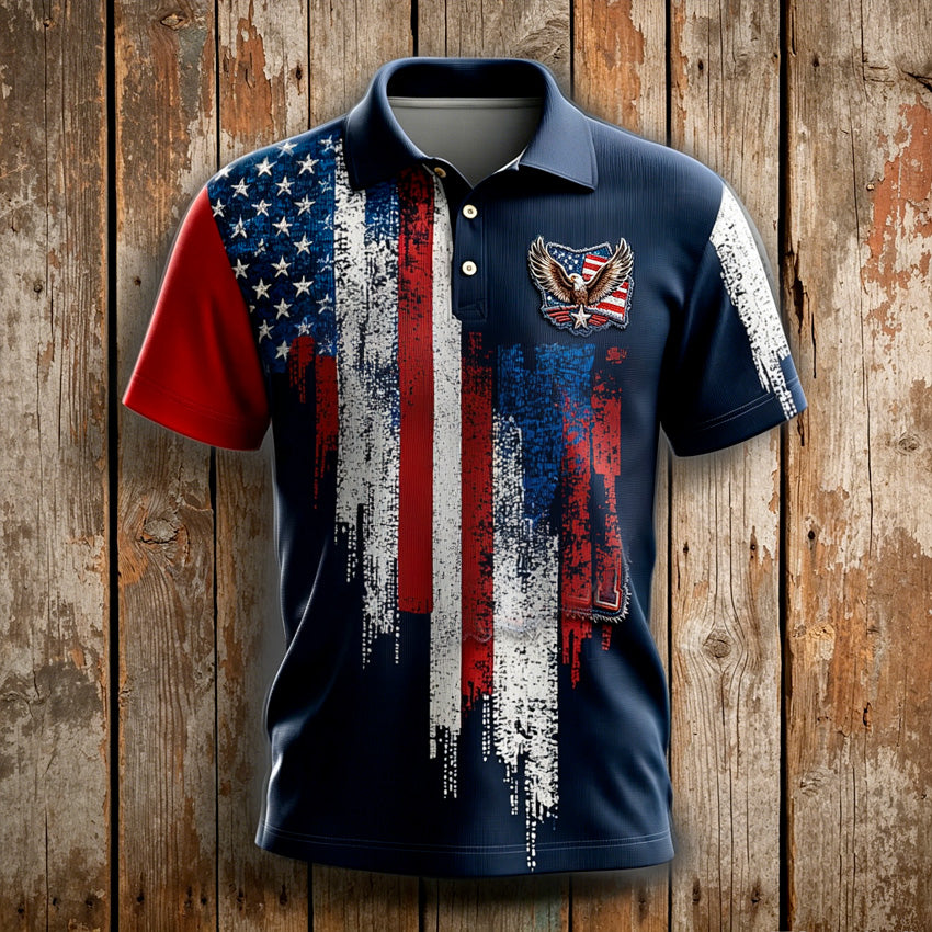 Cardydony Men's American Flag Print Polo Shirt With Eagle Embroidery 1