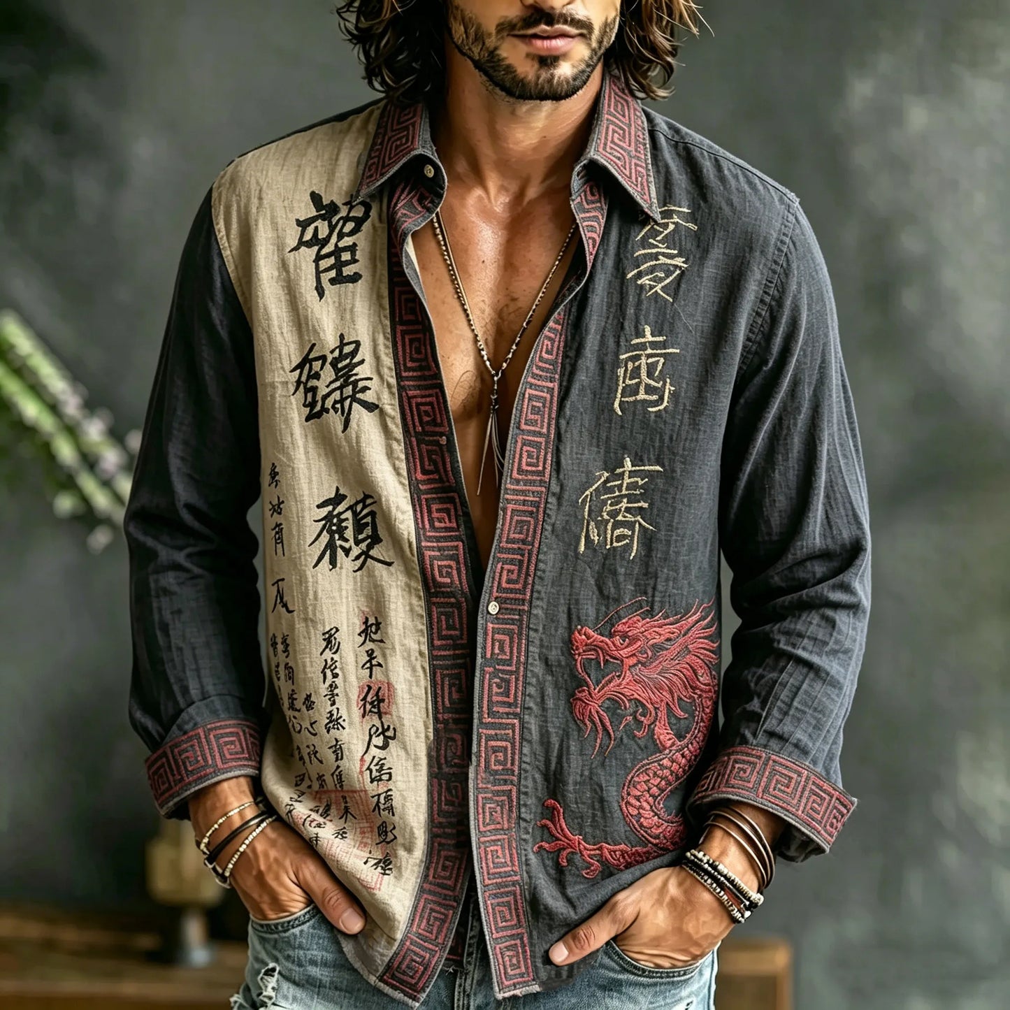 Cardydony Men's Retro Japanese Calligraphy And Dragon Art Pattern Casual Linen Blend Shirt