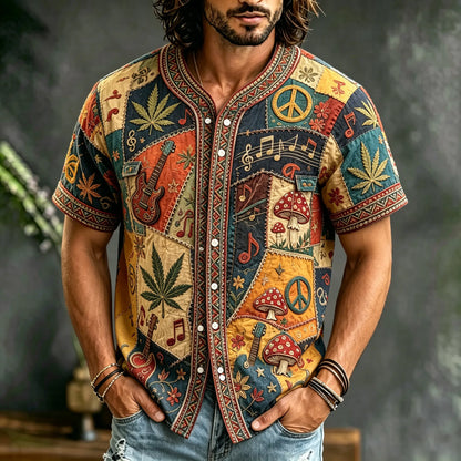 Cardydony Men's Color-blocked Retro Ethnic Print Short-sleeved Cotton And Linen Shirt