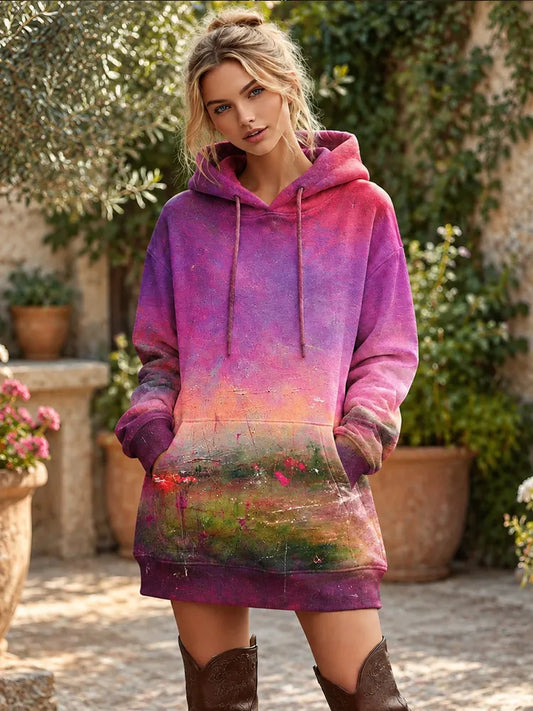 Cardydony Women's Vintage Oil Painting Floral Art Over-the-knee Warm Hooded Dress