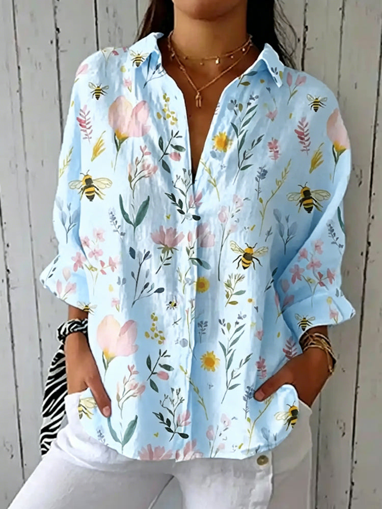 Cardydony Women's Vintage Bee Floral Art Print Casual Linen V-neck Shirt