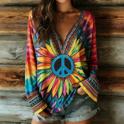 Cardydony Women's Peace Tie-dye Ethnic Art Pattern Casual Long-sleeve V-neck T-shirt
