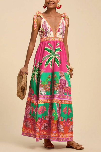 Cardydony Women's  Tropical Rainforest Print Loose V-neck Casual Vacation Maxi Dress