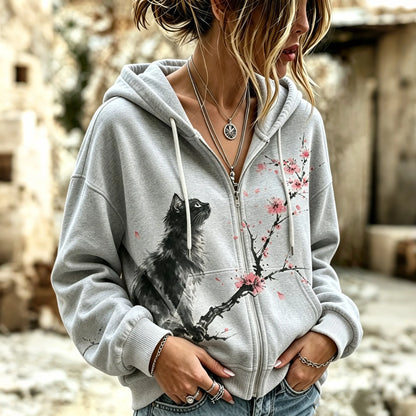 Cardydony Women's Retro Japanese Cherry Blossom And Cute Cat Art Pattern Comfortable Warm Zip-up Hoodie